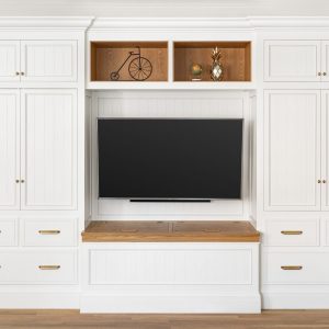 Those contrasting display shelves make this one of our most unique entertainment center ideas—you'd never find this meticulously designed piece at the store.