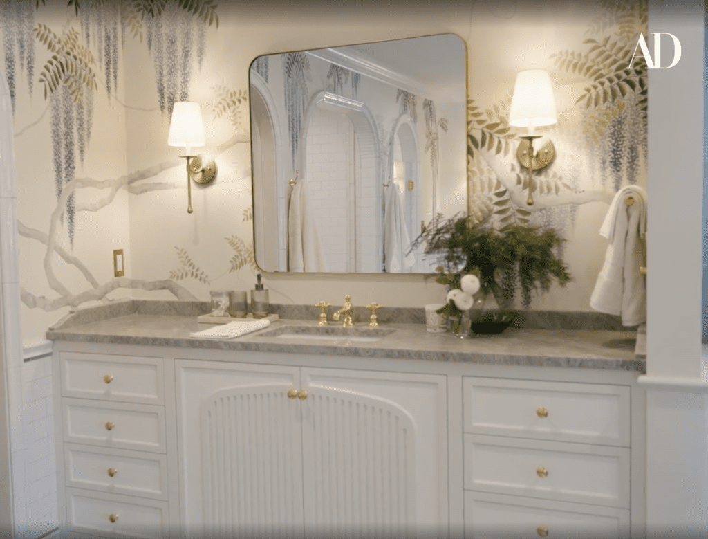 One of the things we particularly love about the custom bathroom vanities (aside from the marital wisdom Tan shares that we’ve long been proponents of—two sinks, happy marriage!) in the Tan France home is the fluted cabinet front design.