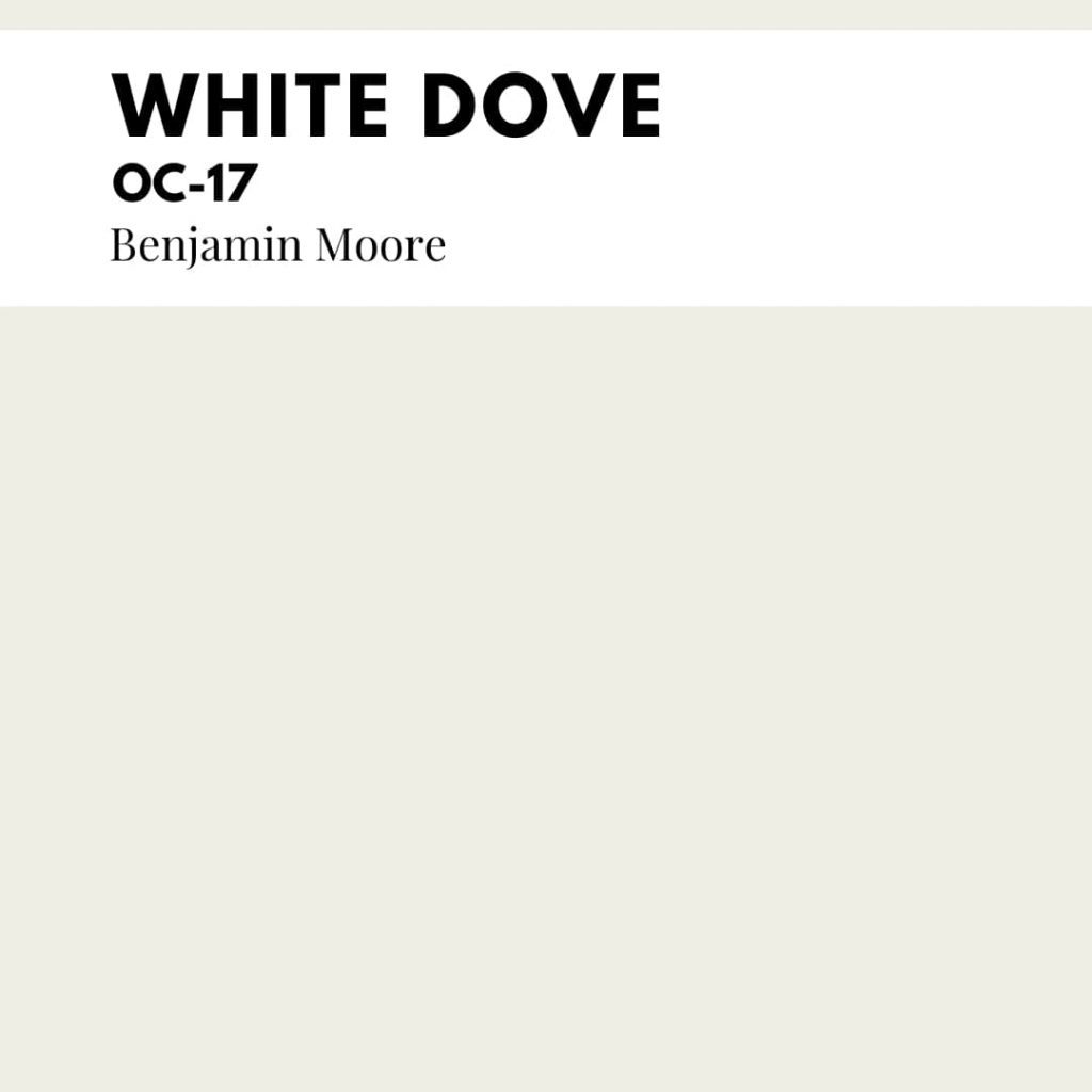 White Dove by Benjamin Moore is a clean and classic white paint color. It won’t err to the “sterile” side of white and it can bring out subtle yellow undertones in a space, pairing beautifully with natural green paint colors—also rising in popularity right now.