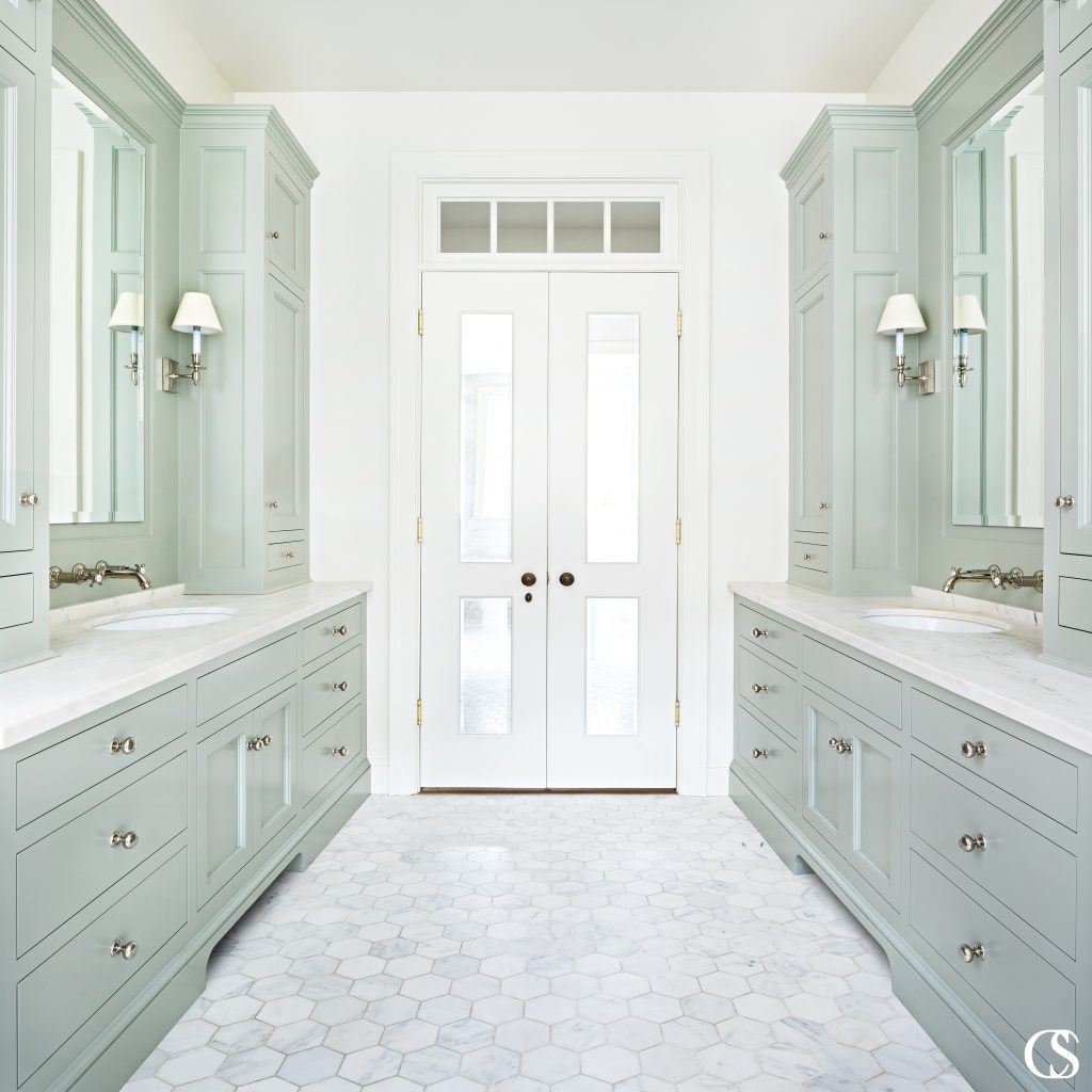 Some of the best bathroom cabinets are configured in a galley layout, which includes two vanity spaces separated by a pass-through. Each of these spaces can include sinks, or you can use one as a vanity area.