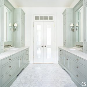 Some of the best bathroom cabinets are configured in a galley layout, which includes two vanity spaces separated by a pass-through. Each of these spaces can include sinks, or you can use one as a vanity area.