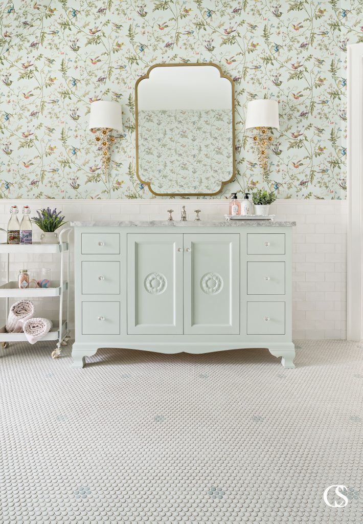 The most popular green paint colors are ones that don’t shout at you. Pastel, muted, even lighter grey-toned greens are good choices for cabinet colors—think sage or mint, like this green paint for the bathroom.