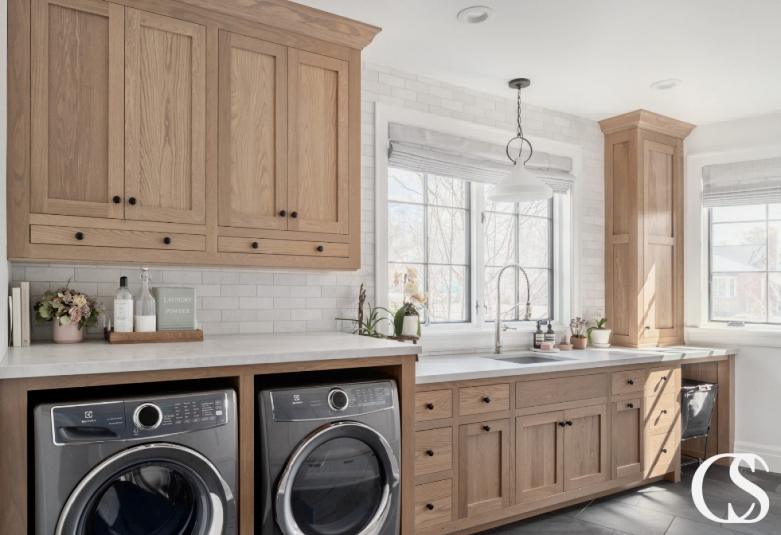 A unique and functional laundry room featuring natural wood cabinets that provide ample storage space, natural wood finish gives a warm and rustic touch, and built-in countertop for folding clothes, making it a perfect combination of style and functionality