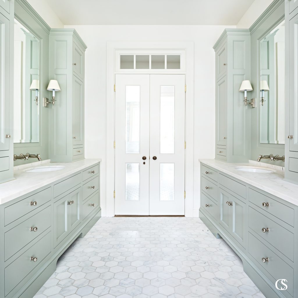 Hardware finishes that fit with green paint colors can range from polished nickel to brushed brass. I’ve also used white ceramic, clear glass, and even monochromatic painted drawer pulls and handles to great effect in various spaces.