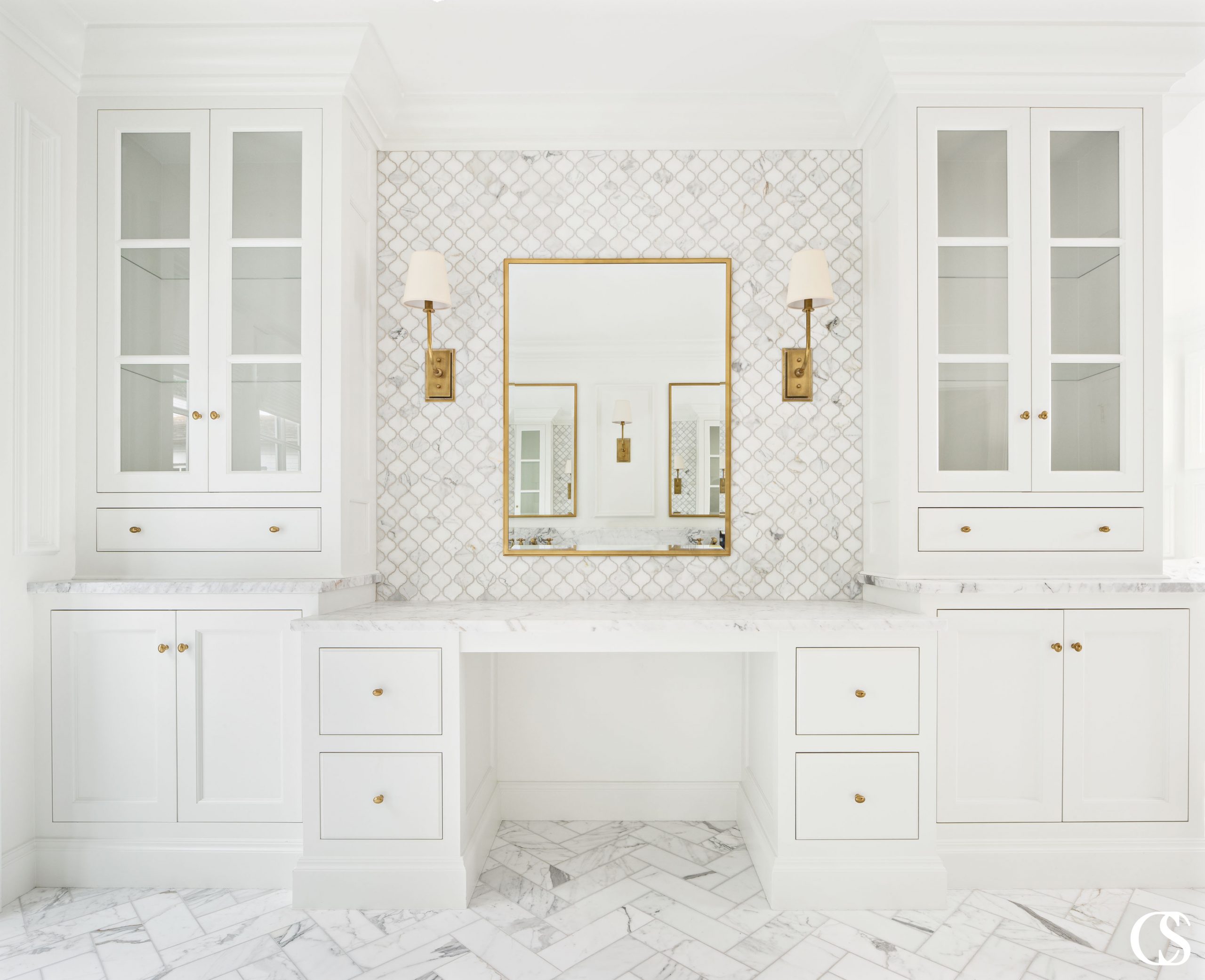 Opting for custom unique bathroom cabinet design means getting your own personal vanity and plenty of gorgeous storage opposite your double sinks. That's what I'd call heaven.